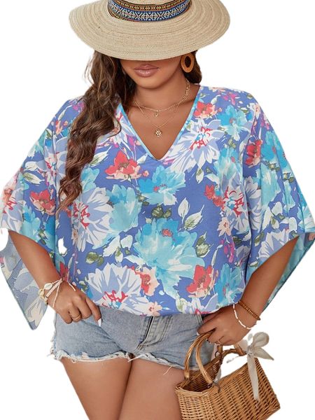 

plus floral print trumpet sleeve blouse w5ac#, Black