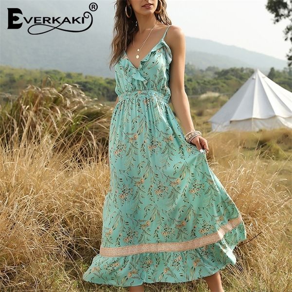 

everkaki boho dress women floral print ruffles elastic waist summer long vestidos ladies slip dresses female spring new t200604, Black;gray