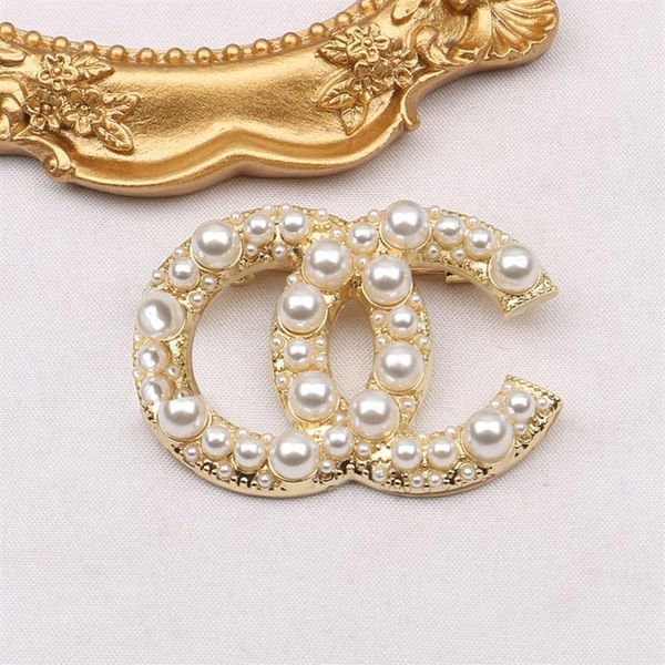 

famous brand designer fashion double letter 14k gold plated silver pearl brooches women inlay crystal rhinestone brooch suit pin l2540, Gray
