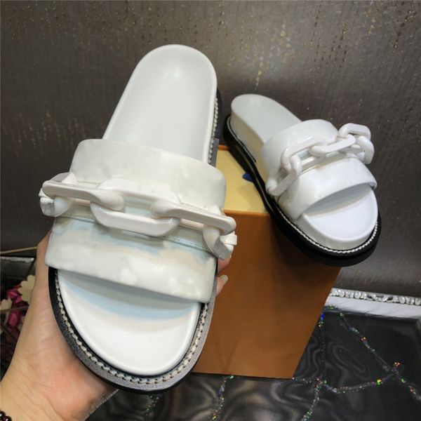 

designer luxury womens sunset flat comfort mule slippers white calf leather embossed flip flop flat slipper with box dust bag, Black