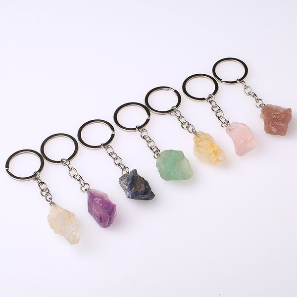 

natural rough raw mineral stone key rings crystal quartzs keychain women men handbag hangle car key holder keyring jewelry, Slivery;golden
