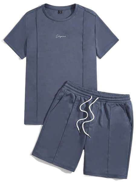 

men letter graphic tee & track shorts set f56z#, Gray