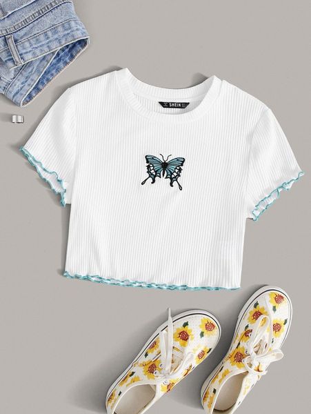 

lettuce trim butterfly embroidery crop t6o3#, White
