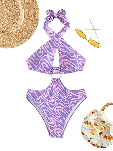 

allover print ring linked halter one piece swimsuit a7kh#, White;black