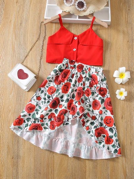 

toddler girls button up cami & rose print ruffle trim skirt she, White
