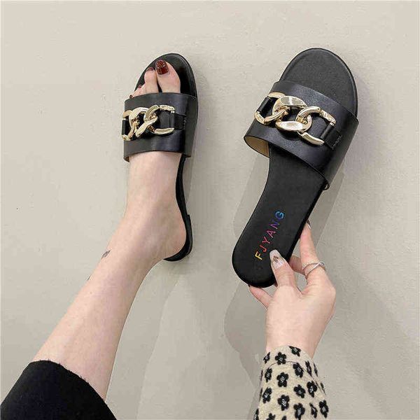 

chain slippers for women 2022 summer women's shoes flat bottomed large beach sandals, Black