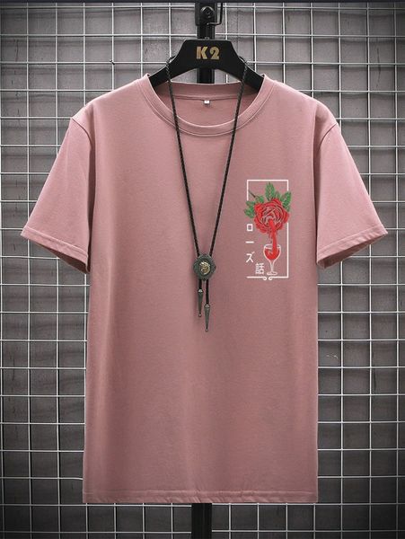 

men floral and japanese letter graphic tee 48g4#, White;black