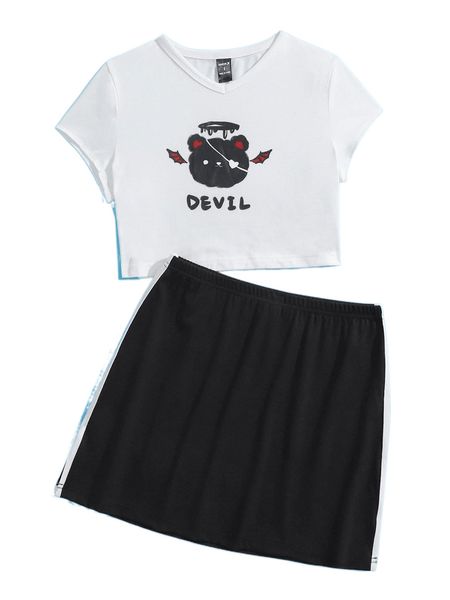 

x yiyun letter and cartoon graphic tee & striped side skirt set r6pc#, White
