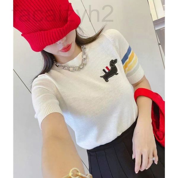 

women's t-shirt designer chaopai 22 early spring new four bar color contrast stripe dog badge round neck knitted t-shirt college style, White