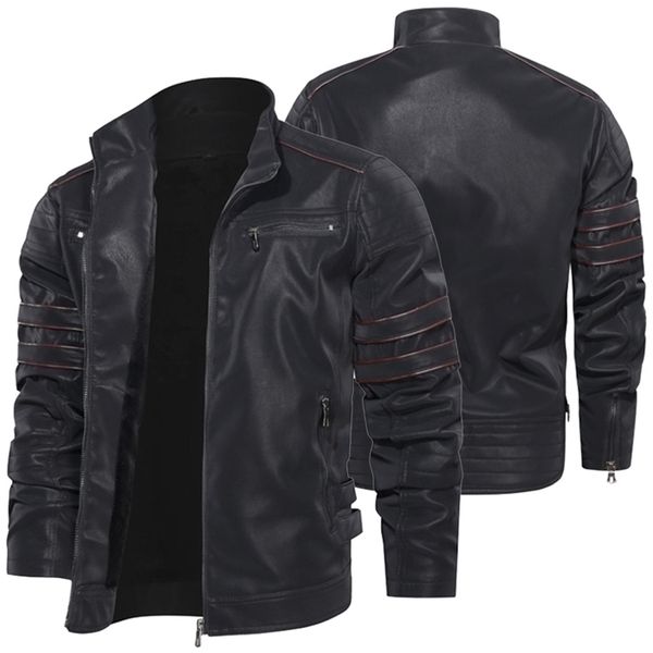 

men's pu leather jacket plus velvet warm zipper coat male windproof motorcycle jacket coats man leather biker outwear 201224, Black