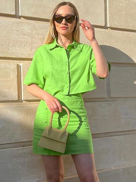 

women's tracksuits summer cotton linen shirts skirts sets women green short sleeve button female suits elegant fashion casual lady set, Gray