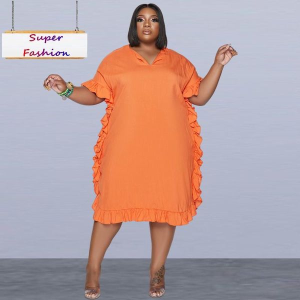 Vestidos Plus Size L-4XL 2022 Roupas Femininas Verão Manga Curta Babados Decote em V Soltos Roupas Casuais Atacado DropPlus