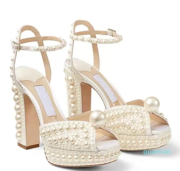 

summer sacaria dress wedding shoes pearl-embellished satin platform sandals elegant women white bride pearls high heels ladies pumps 2022, Black
