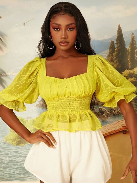 

newness sweetheart neck puff sleeve shirred peplum blouse 60hq#, White