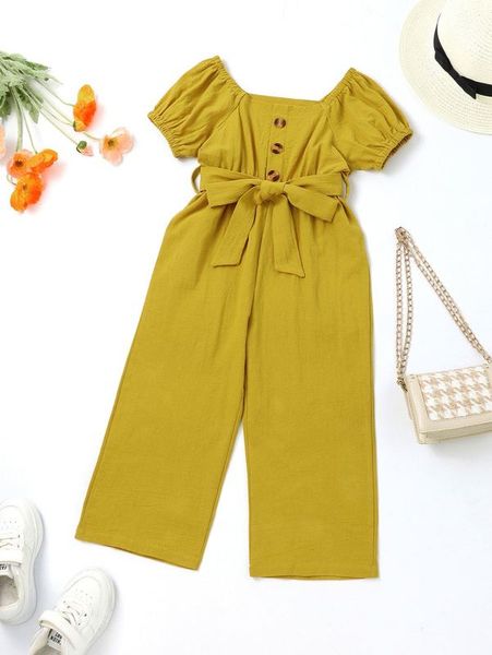 

toddler girls puff sleeve belted wide leg jumpsuit she, Blue