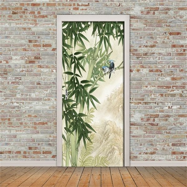 3D mão desenhada floresta de bambu pássaro porta etiqueta papel de parede sala de visitas porta quarto adesivo de parede decalques para casa decoração poster 210317