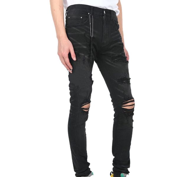 High Street Jeans Autumn e Winter Men's Clothing Motorcycle Flutuations Ripped Personality para mapear a tendência de desenho de amostra jeans de ajuste esbelto