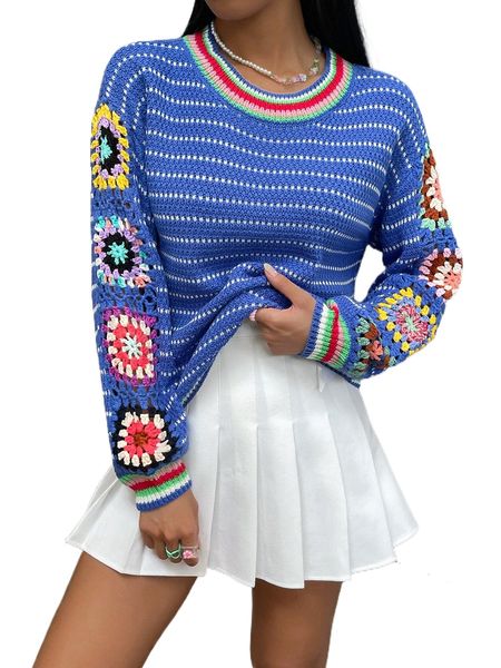

striped & floral pattern drop shoulder sweater a4es#, White;black