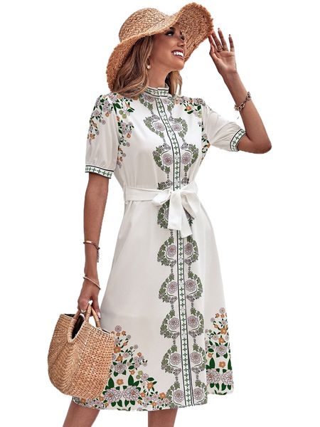 

floral print puff sleeve belted dress g59y#, Black;gray