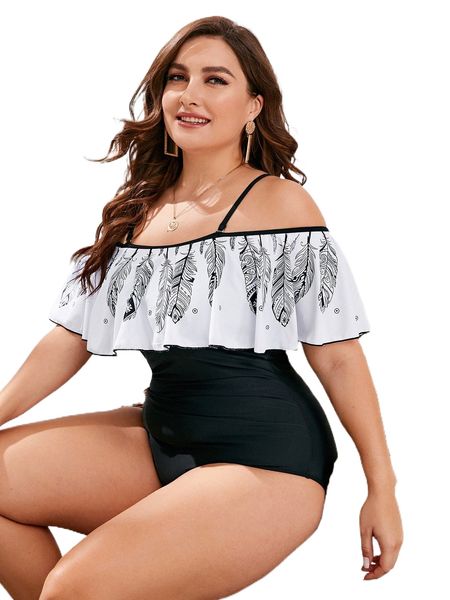 

plus graphic print ruffle trim one piece swimsuit t2qx#, White;black