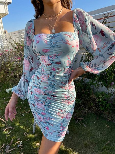 

floral print sweetheart neck ruched lantern sleeve bodycon dress k30n#, Black;gray