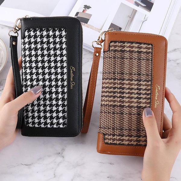 

wallets 2022 long wallet for women embroidery houndstooth woman's womans with card slots female, Red;black
