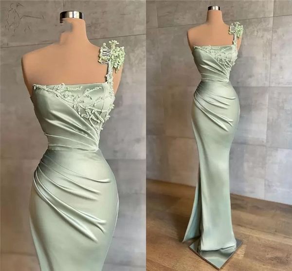 

green mermaid prom dresses princess bateau appliques sequins one shoulder satin lace sleeveless side slit floor length party gowns plus size, Black