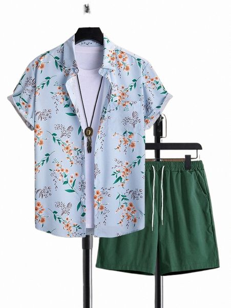 

men floral print shirt & drawstring waist shorts without tee y5ri#, Gray