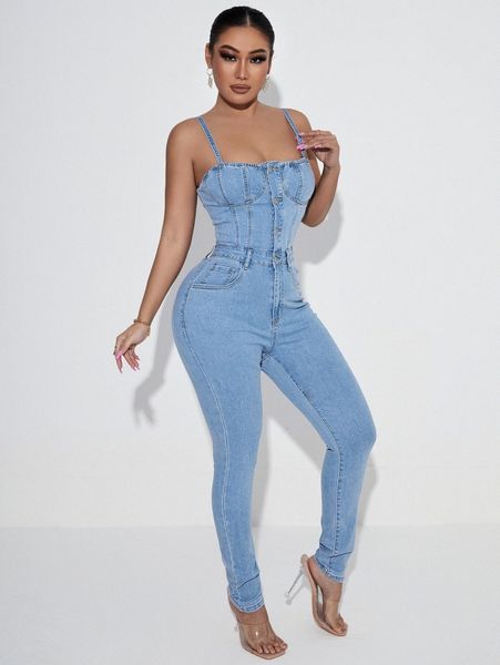 

sxy button front bustier denim cami jumpsuit c9q1#, Black;white