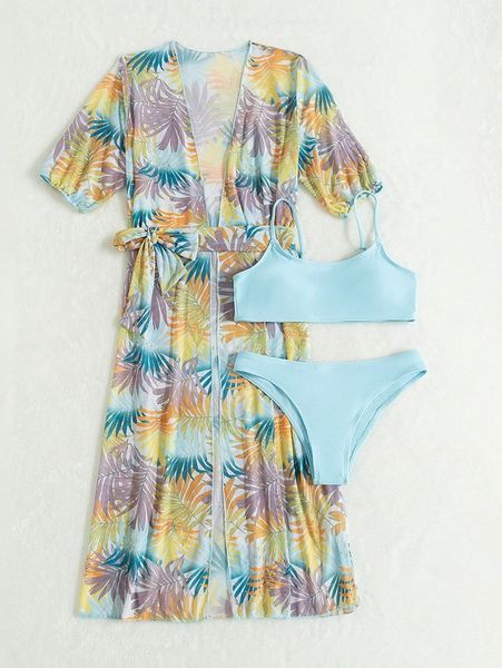 

tropical print belted bikini swimsuit with kimono 34pk#, White;black