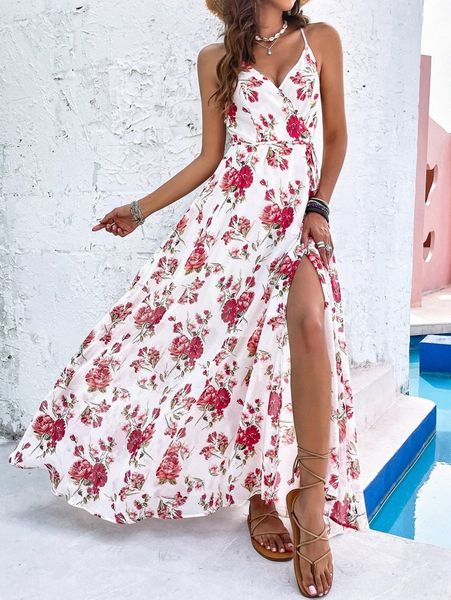 

floral print split hem belted cami dress q9y4#, Black;gray