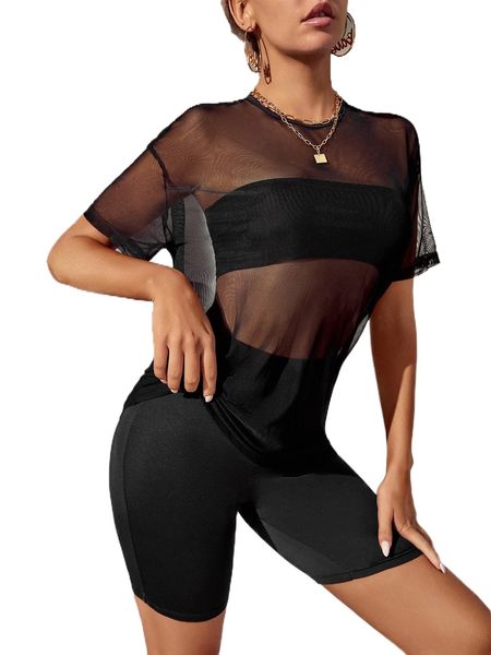 

sheer mesh & crop tube & biker shorts g959#, White