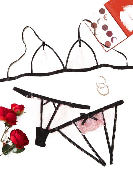

3pack floral lace contrast binding lingerie set b5ak#, Black;red