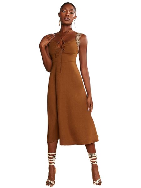 

floral embroidered tie front cami dress 884l#, Black;gray