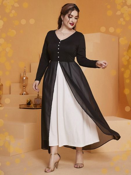 

plus button detail mesh overlay dress r6uy#, Black