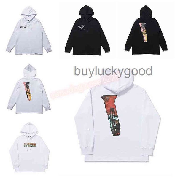 

big v city night view hooded sweater men and women vlones rest jacket, Black