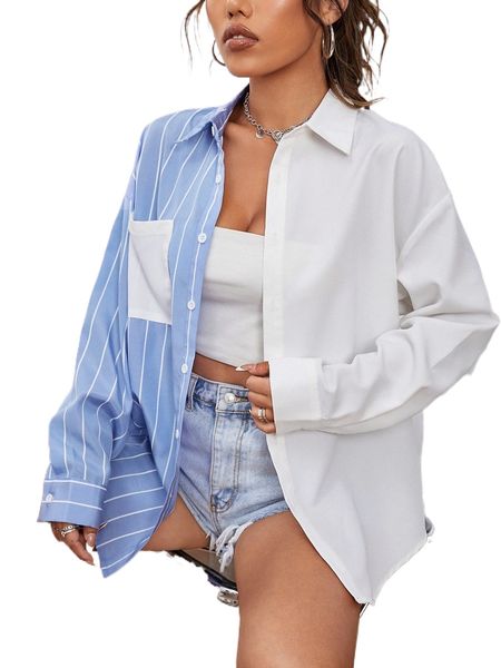 

striped patched pocket drop shoulder shirt 013n#, White