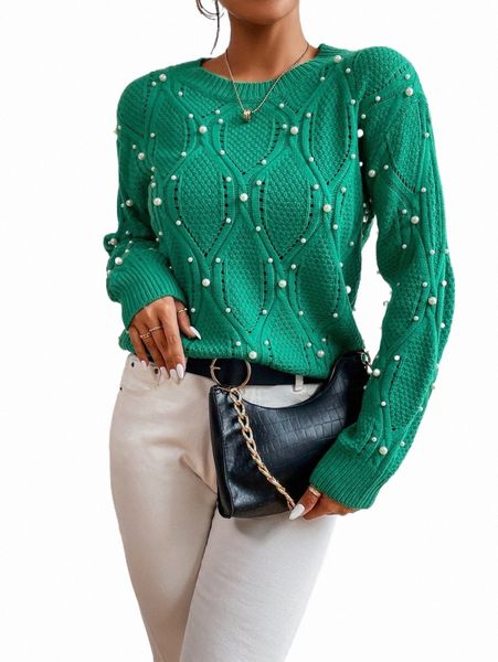 

pearls beaded drop shoulder pointelle knit sweater o66c#, White;black
