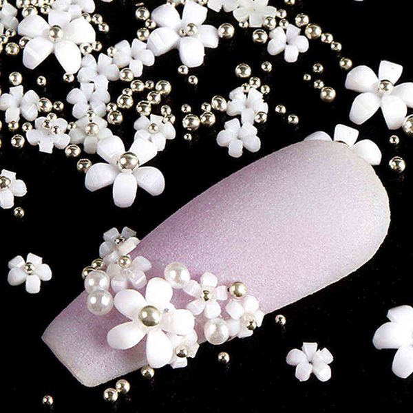

4.5g acrylic flower nail art decoration mixed size white rhinestones silver gem manicure tool accessories for diy nail design y220408, Black