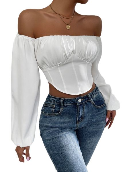

off shoulder ruched bust tie back asymmetrical hem crop blouse d8rk#, White