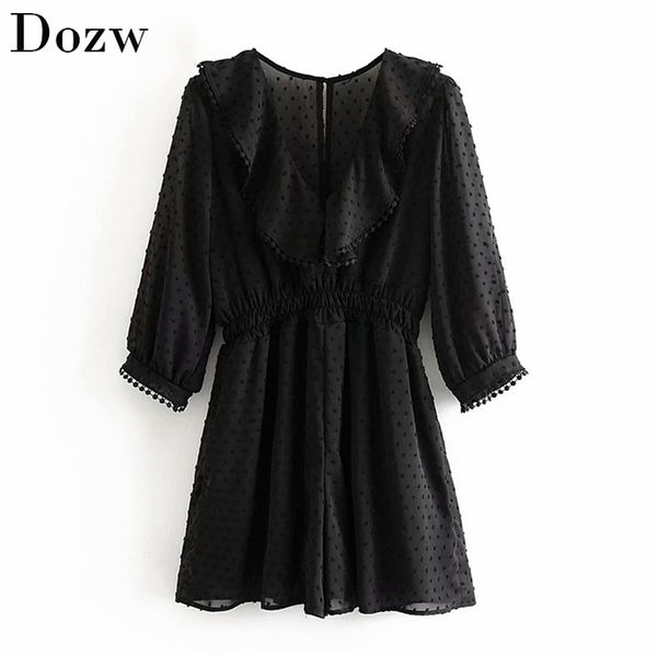 Moda V pescoço preto macacão Mulheres dot Dot Bordados de bordados curtos fêmeas fêmeas fêmeas chiffon elegant moda mujer 210515