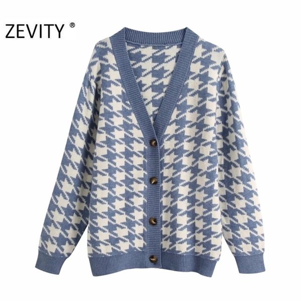 

zevity women fashion v neck houndstooth cardigan knitting sweater ladies long sleeve breasted retro sweaters chic s409 201221, White;black