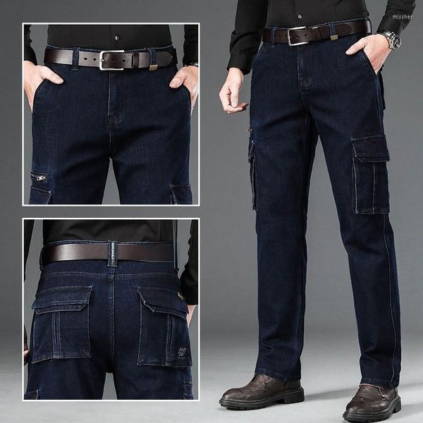 Herren Jeans Winter Herren Dicke Lose Gerade Bein Multi-Pocket Mittleren Alters Stretch Große Größe All-Match Casual Overalls HosenHerren