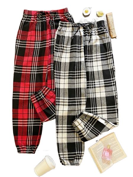 

2pcs plaid print drawstring waist sleep bottom i9vb#, Black;red
