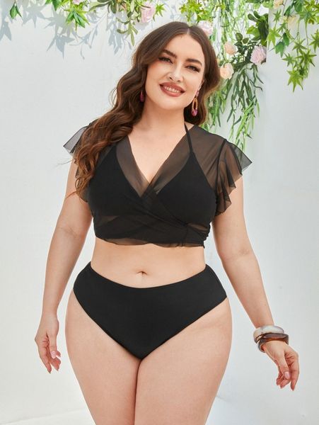 

plus 3pack flutter sleeve tie back bikini swimsuit v8xo#, White;black