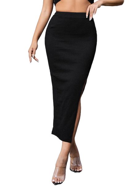 

solid split hem skirt s4yh#, Black