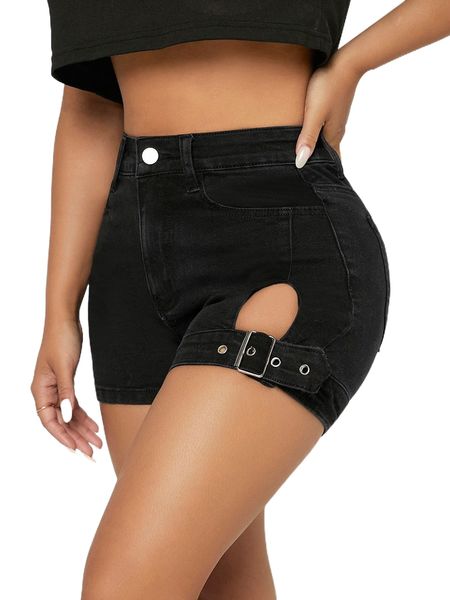 

petite high waist cut out buckle denim shorts p6rf#, White;black