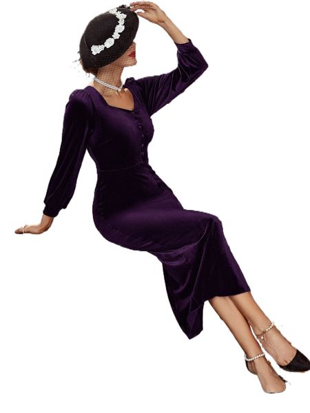 

sweetheart neck puff sleeve split thigh velvet dress r5lg#, Black;gray