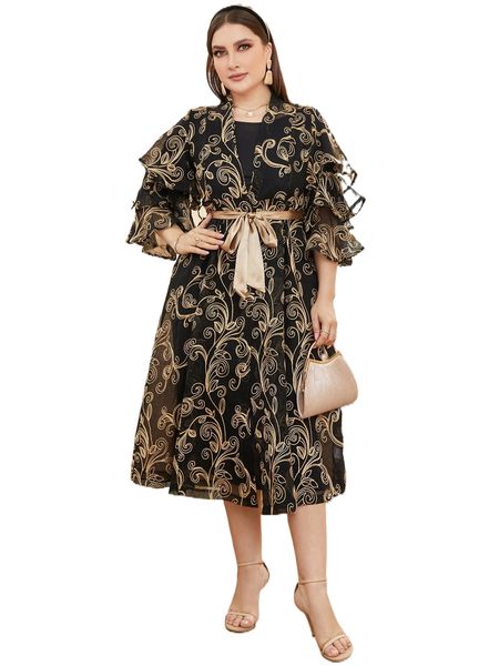 

plus solid tank dress & allover print mesh coat with belt t0mp#, Black