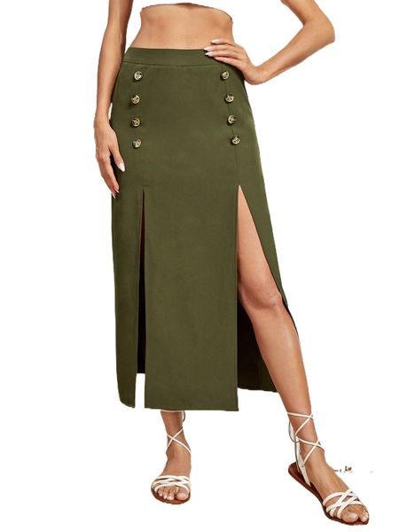 

solid split thigh double breasted skirt x3fq#, Black